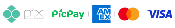 Formas de pagamento aceitas: Visa, Mastercard, American Express, Hipercard, Elo, Boleto e Pix